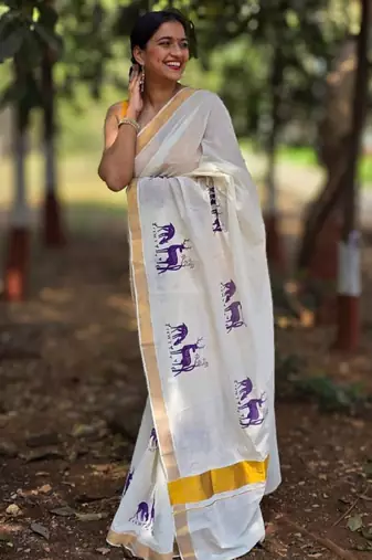 Ethnic motifs printed pure cotton kasavu saree