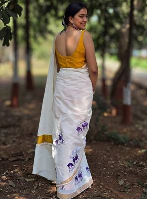 Ethnic motifs printed pure cotton kasavu saree 3