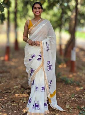 Ethnic motifs printed pure cotton kasavu saree 4