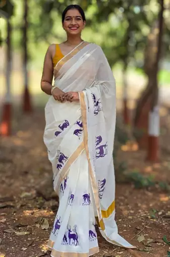 Ethnic motifs printed pure cotton kasavu saree