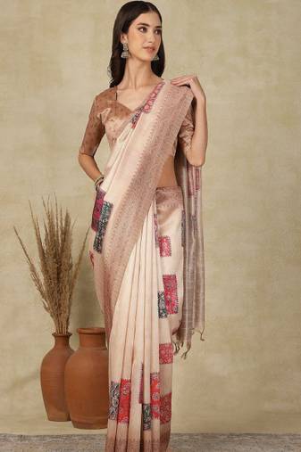 beige woven design cotton daily wear saree with matching blouse