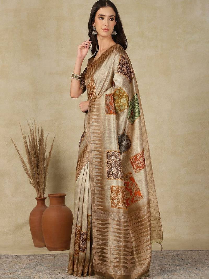 Ethnic motifs woven design silk cotton kasavu saree