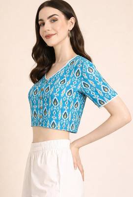Blue cotton sanganeri printed non padded blouse 3