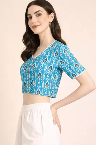 Blue cotton sanganeri printed non padded blouse