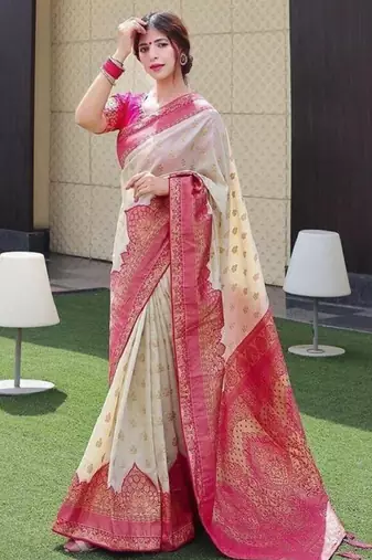 cream art silk kanjeevaram saree with woven zari