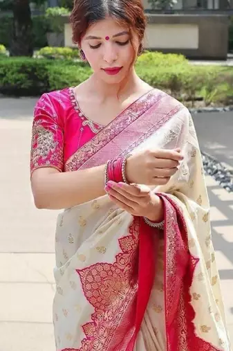 cream art silk kanjeevaram saree with woven zari