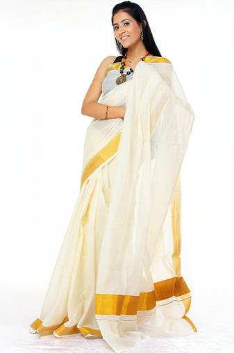 white pure cotton kasavu saree with zari work