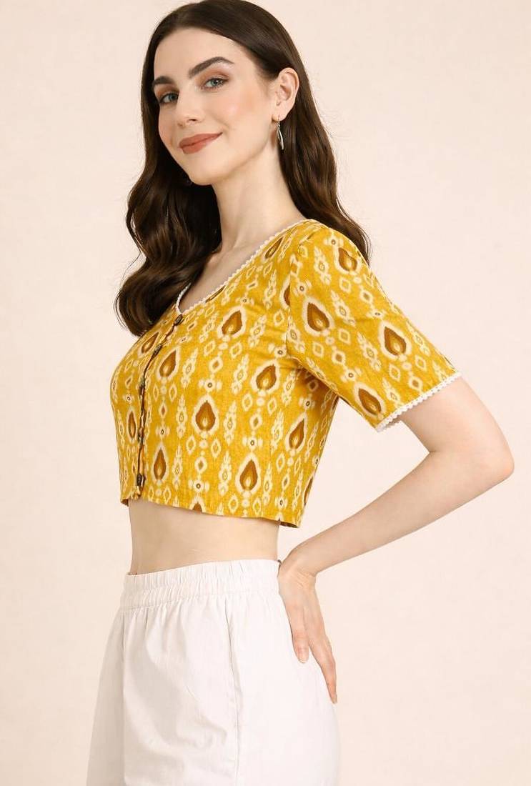 Yellow cotton sanganeri printed non padded blouse