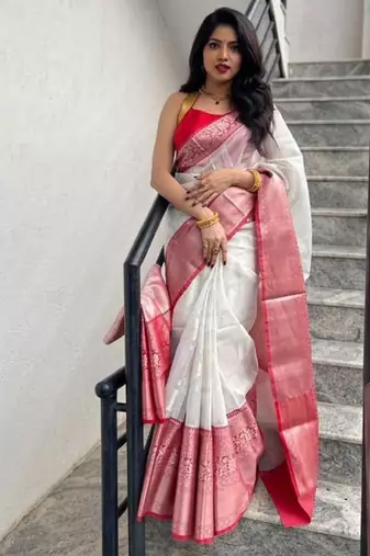 off white art silk kanjeevaram saree with woven zari