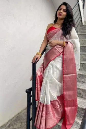 off white art silk kanjeevaram saree with woven zari