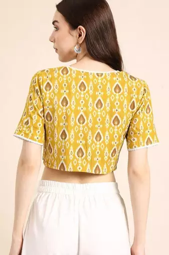 Yellow cotton sanganeri printed non padded blouse