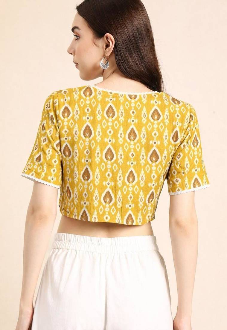 Yellow cotton sanganeri printed non padded blouse