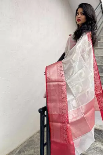 off white art silk kanjeevaram saree with woven zari