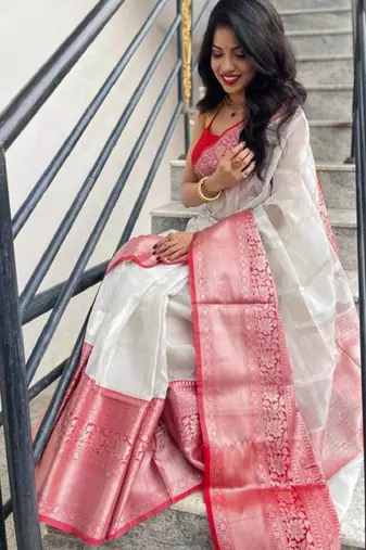 off white art silk kanjeevaram saree with woven zari