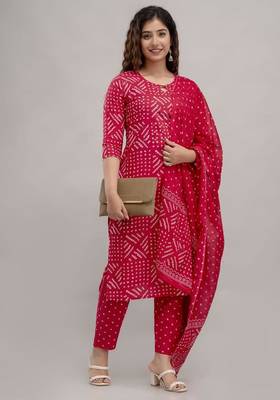 Pink Printed Indian Straight Cotton Salwar Kameez Kurti Pant Set for Women - Set of 3 1