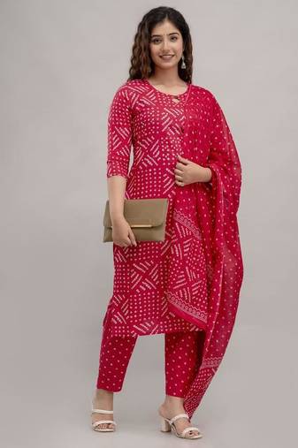 Pink Printed Indian Straight Cotton Salwar Kameez Kurti Pant Set for Women - Set of 3