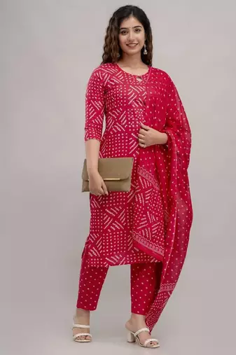 Pink Printed Indian Straight Cotton Salwar Kameez Kurti Pant Set for Women - Set of 3