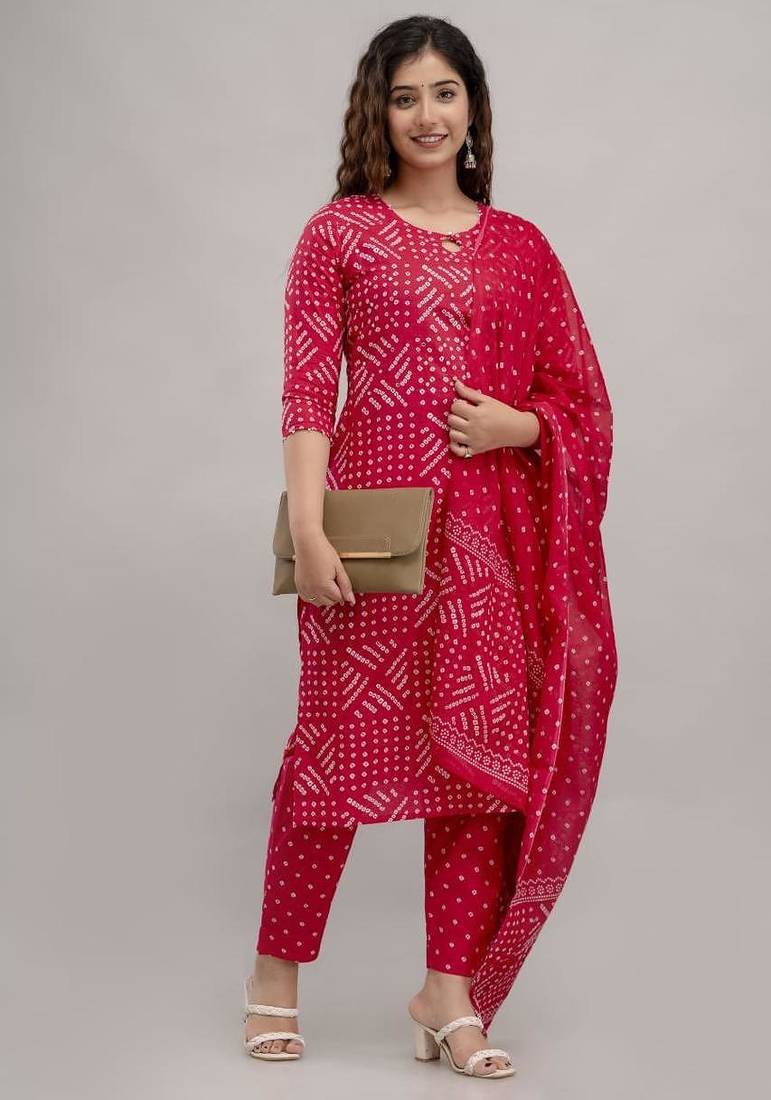 Pink Printed Indian Straight Cotton Salwar Kameez Kurti Pant Set for Women - Set of 3