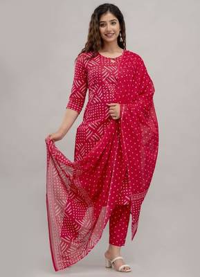 Pink Printed Indian Straight Cotton Salwar Kameez Kurti Pant Set for Women - Set of 3 2