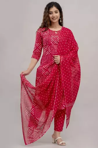 Pink Printed Indian Straight Cotton Salwar Kameez Kurti Pant Set for Women - Set of 3