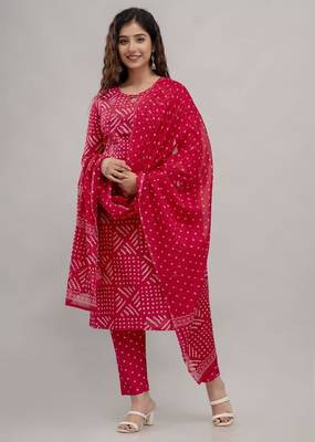 Pink Printed Indian Straight Cotton Salwar Kameez Kurti Pant Set for Women - Set of 3 3