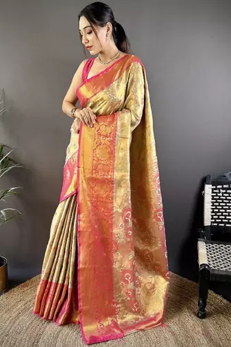 gold kanjeevaram saree with zari woven work
