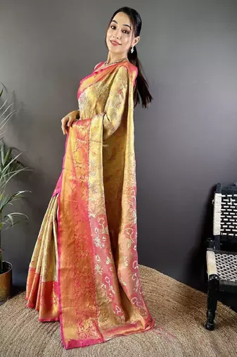 gold kanjeevaram saree with zari woven work
