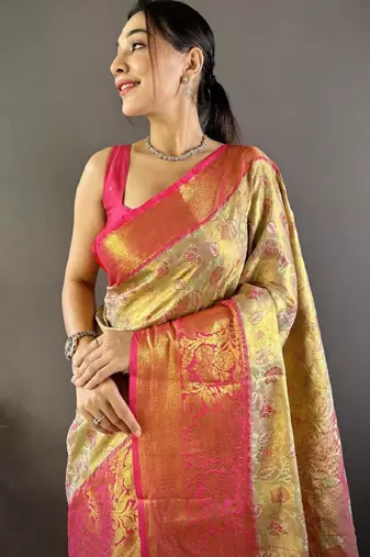 gold kanjeevaram saree with zari woven work