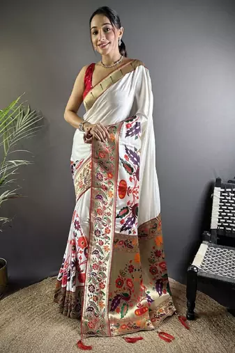white silk blend kanjeevaram saree with zari and ethnic motifs