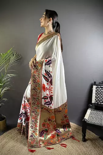 white silk blend kanjeevaram saree with zari and ethnic motifs