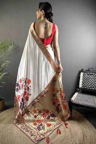white silk blend kanjeevaram saree with zari and ethnic motifs