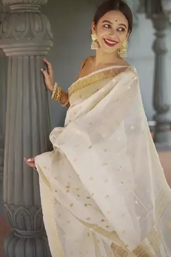 white woven zari kasavu saree