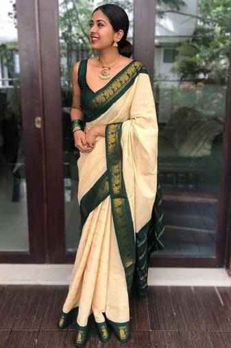 beige woven zari silk blend banarasi saree