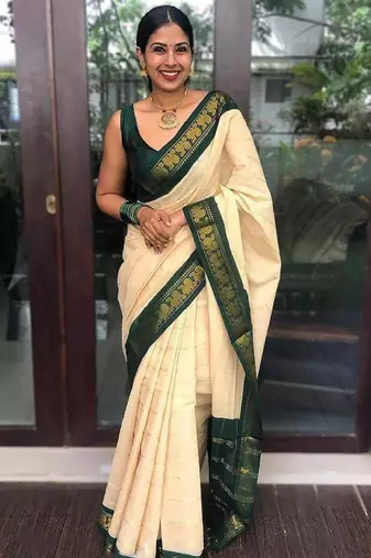 beige woven zari silk blend banarasi saree