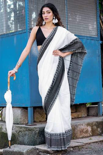 Woven design bordered pure cotton saree