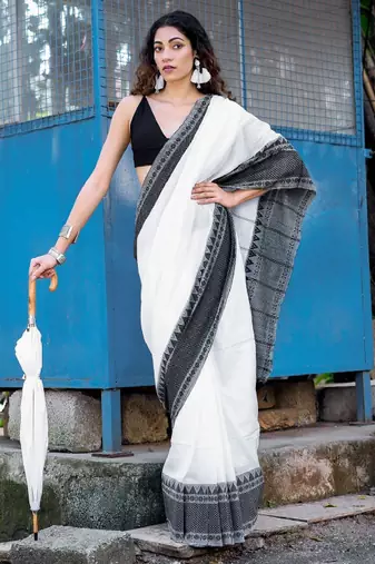 Woven design bordered pure cotton saree