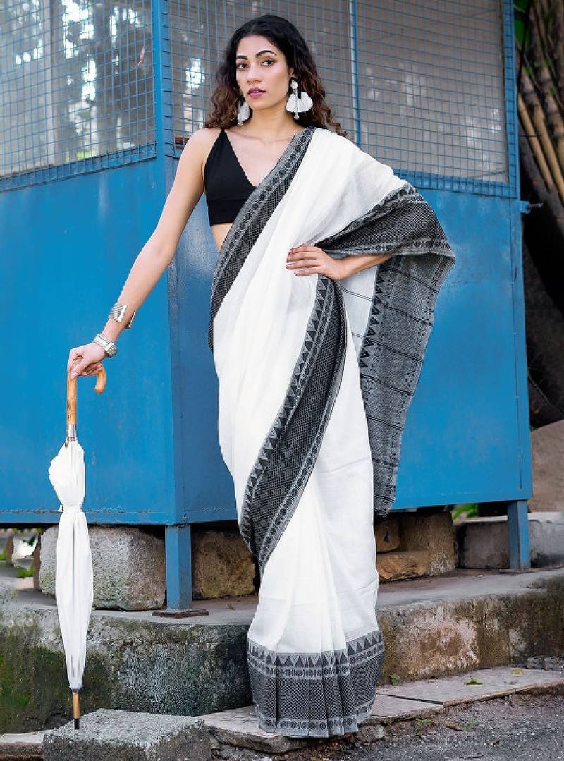 Woven design bordered pure cotton saree
