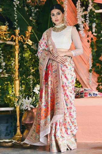 cream floral printed zari art silk kanjeevaram saree