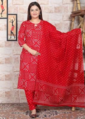 Red Printed Indian Straight Cotton Salwar Kameez Kurti Pant Set for Women - Set of 3 1