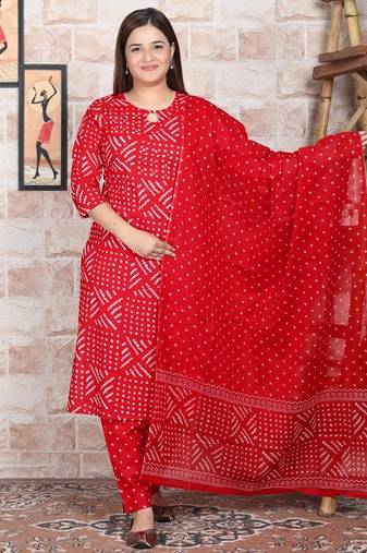 Red Printed Indian Straight Cotton Salwar Kameez Kurti Pant Set for Women - Set of 3