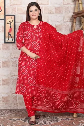 Red Printed Indian Straight Cotton Salwar Kameez Kurti Pant Set for Women - Set of 3