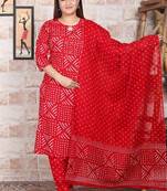 Red Printed Indian Straight Cotton Salwar Kameez Kurti Pant Set for Women - Set of 3