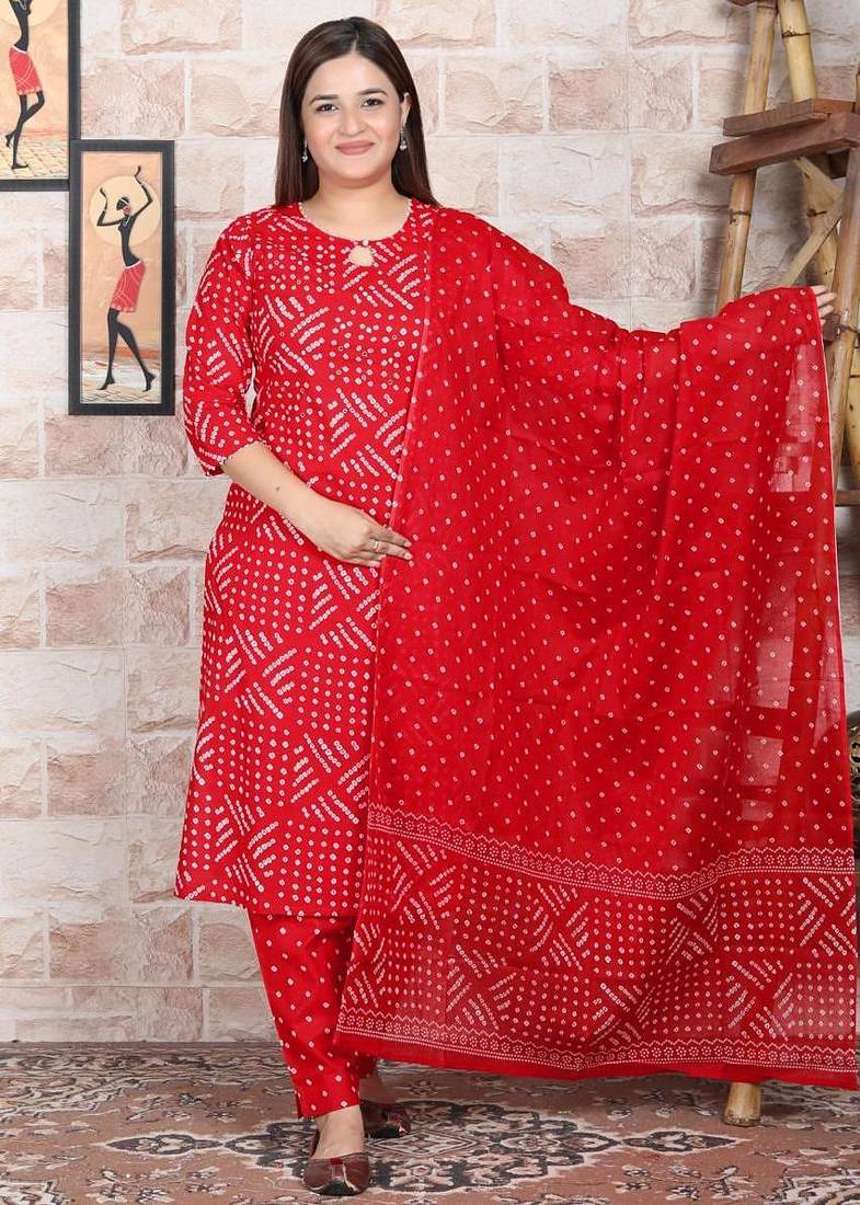Red Printed Indian Straight Cotton Salwar Kameez Kurti Pant Set for Women - Set of 3