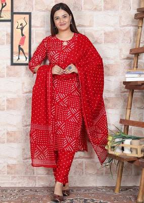 Red Printed Indian Straight Cotton Salwar Kameez Kurti Pant Set for Women - Set of 3 2