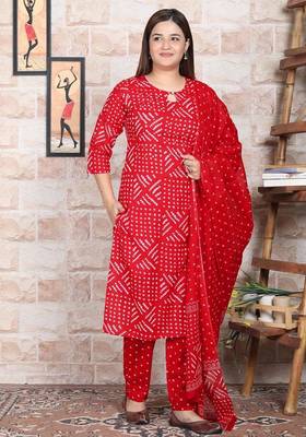 Red Printed Indian Straight Cotton Salwar Kameez Kurti Pant Set for Women - Set of 3 3