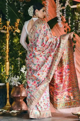 cream floral printed zari art silk kanjeevaram saree