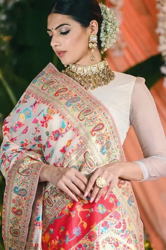 cream floral printed zari art silk kanjeevaram saree