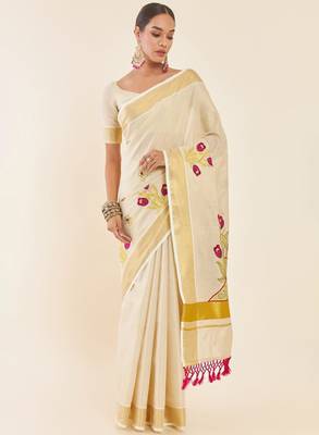 Off-white & gold woven design embroidered tissue kasavu saree 1