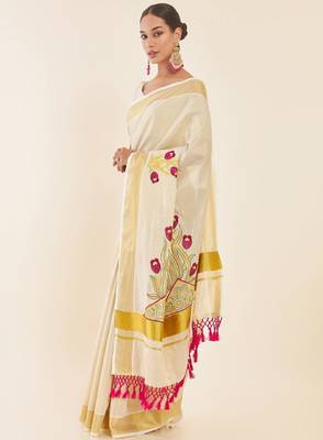 Off-white & gold woven design embroidered tissue kasavu saree 2