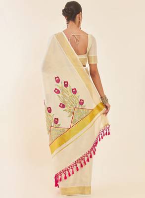 Off-white & gold woven design embroidered tissue kasavu saree 3